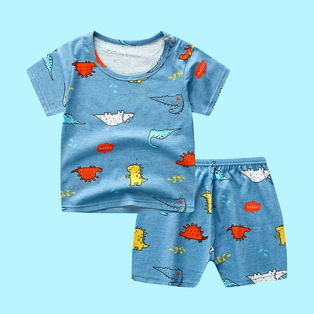 

TMOYZQ Children Summer Two Piece Set Casual Round Neck Short Sleeve Black Cartoon Printed T-shirt Tops + Elastic High Waist Shorts Boys Girls Sports Suit Outfits