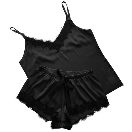 

KDDYLITQ Pajama Setfor Women Plus Size 2 Piece PJ Sets Cami Top and Shorts Nightwear Lace Loungewear Sleepwear Black XXL