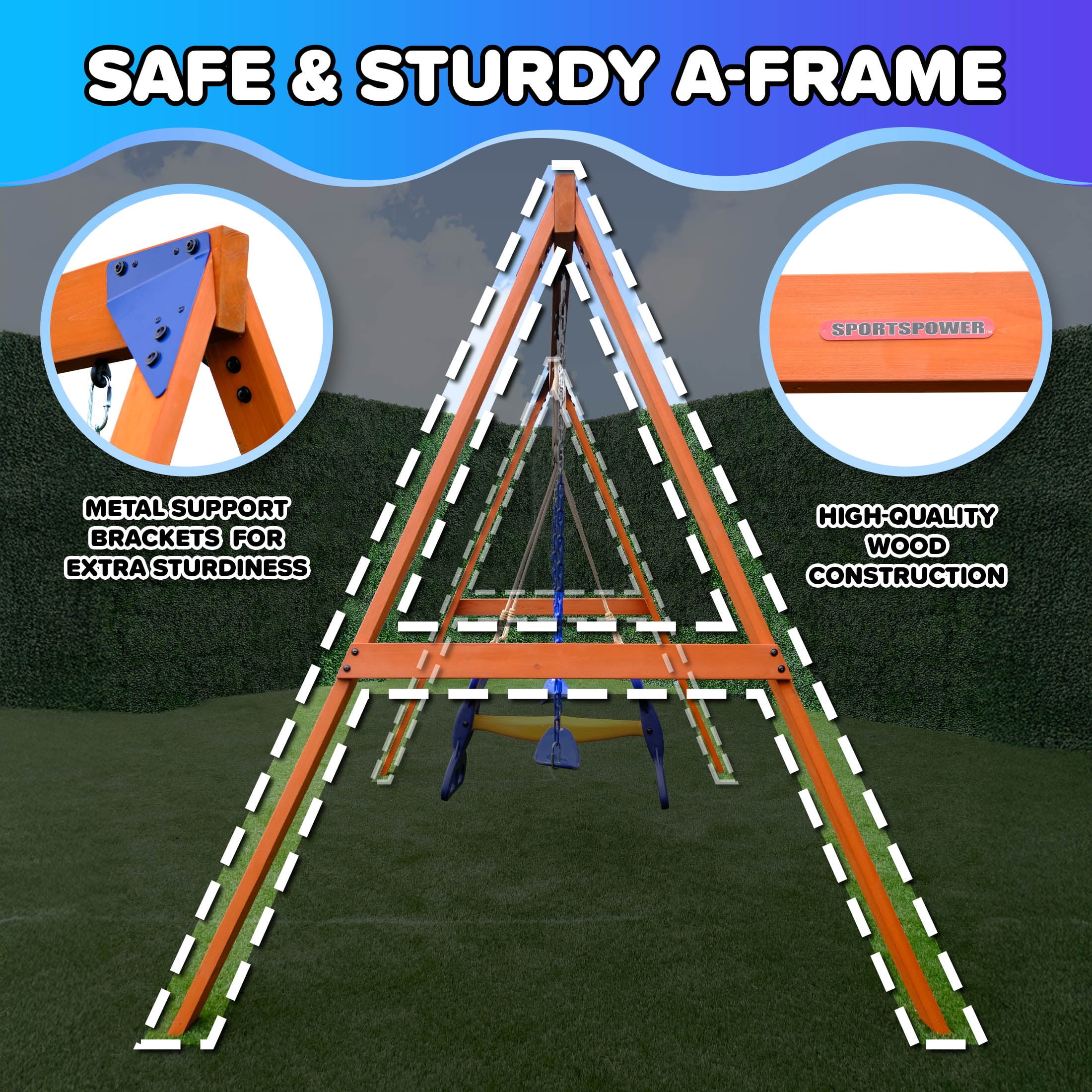 Sportspower™ Madison Wooden Swing Set with 2 Height Adjustable Swings and 2 Person Roman Glider Swing, Backyard Outdoor Playset for Kids