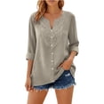thumbnail image 5 of Ruimatai Women's Casual Lace Embroidered Blouses 3/4 Sleeve V Neck Button Down Linen Tops for Summer Daily Wear, 5 of 7