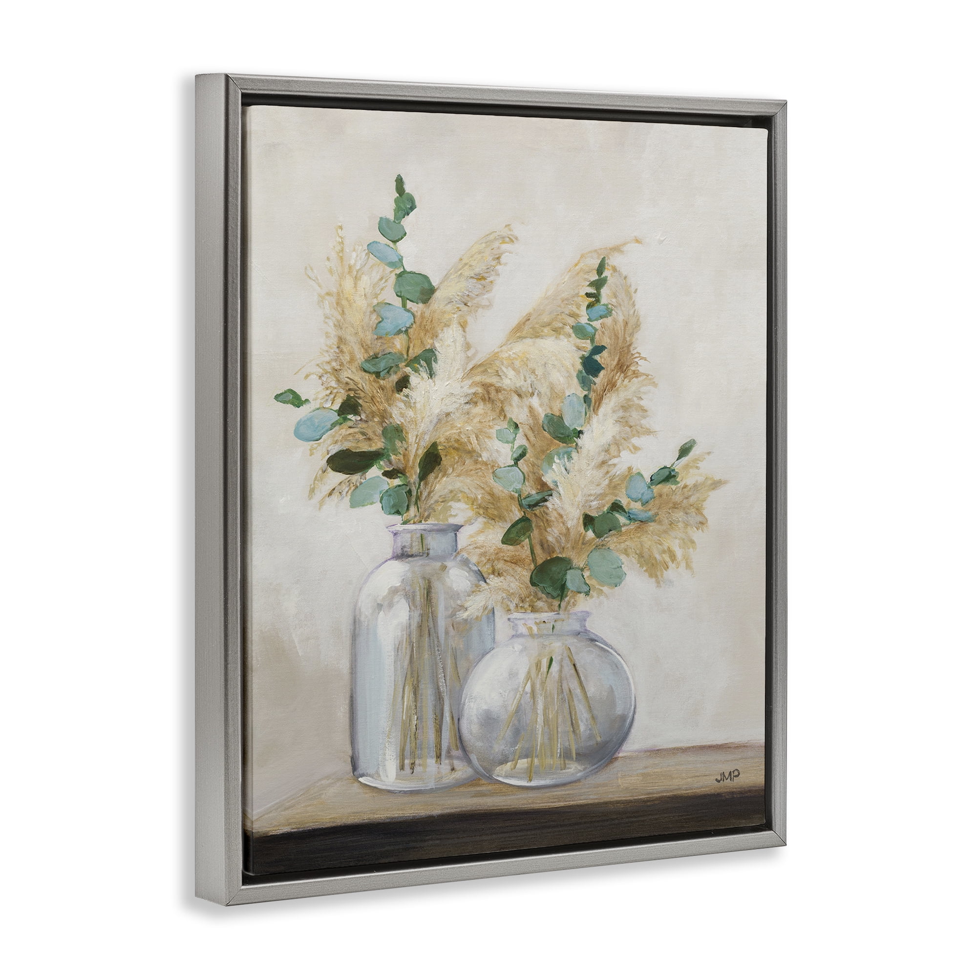 Stupell Industries Pampas & Herbs Vase Botanical & Floral Painting Gray Floater Framed Art Print Wall Art, 17 x 21