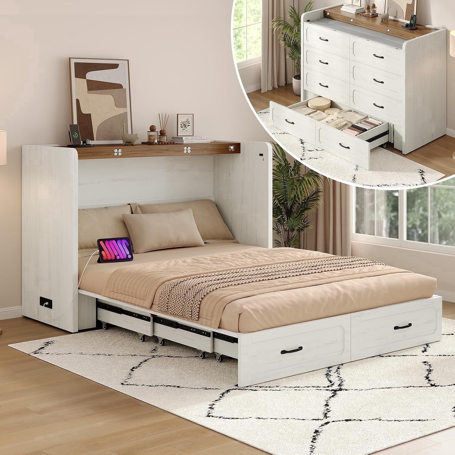 PIXOURA Queen Murphy Bed with Storage Drawers & Charging Station, Farmhouse Murphy Cabinet Bed with Hidden Compartment, Space-Saving Hideaway Bed Cabinet for Bedroom/Guest/Office, Rustic White