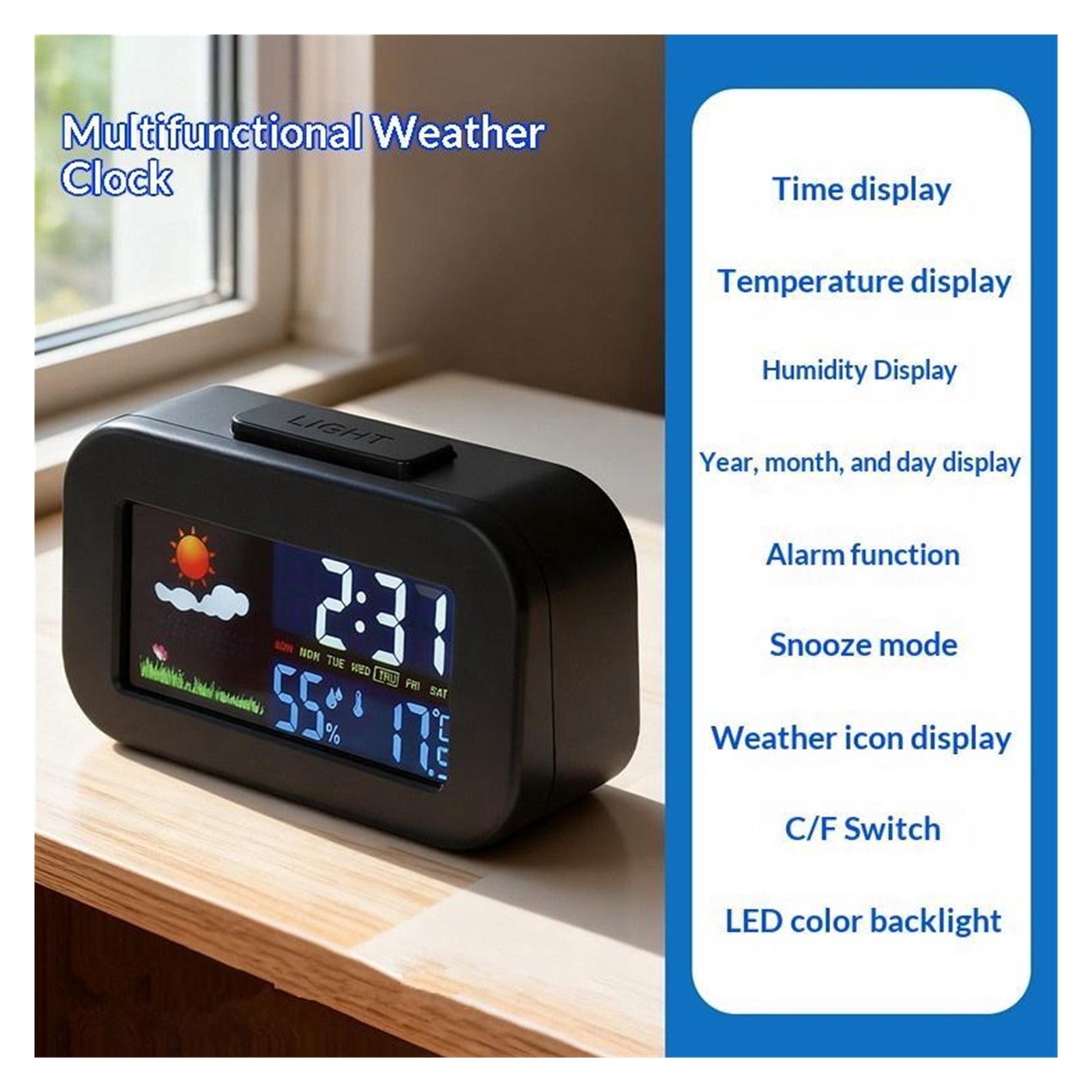 Weather Station Clock with Color Display - Temp & Humidity Monitor Backlit for Kids & Teens ,Weather Forecast