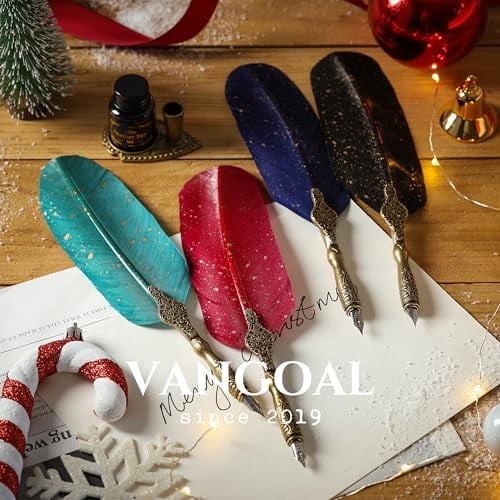 Vintage Carving Feather Pen Set, Glittering Quill Pen Set Antique Calligraphy Writing Dip Pen with Ink, 2 Replacement Nibs, Pen Stand Base, Luxury Vintage Signature Pen (Red)