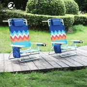 ALPHA CAMP Set of 2 Folding Camping Chairs Oversize Aluminum Alloy Frame 5-Position Backpack Beach Chairs with Wider Wood-look Armrest&Towel Bar, Wave