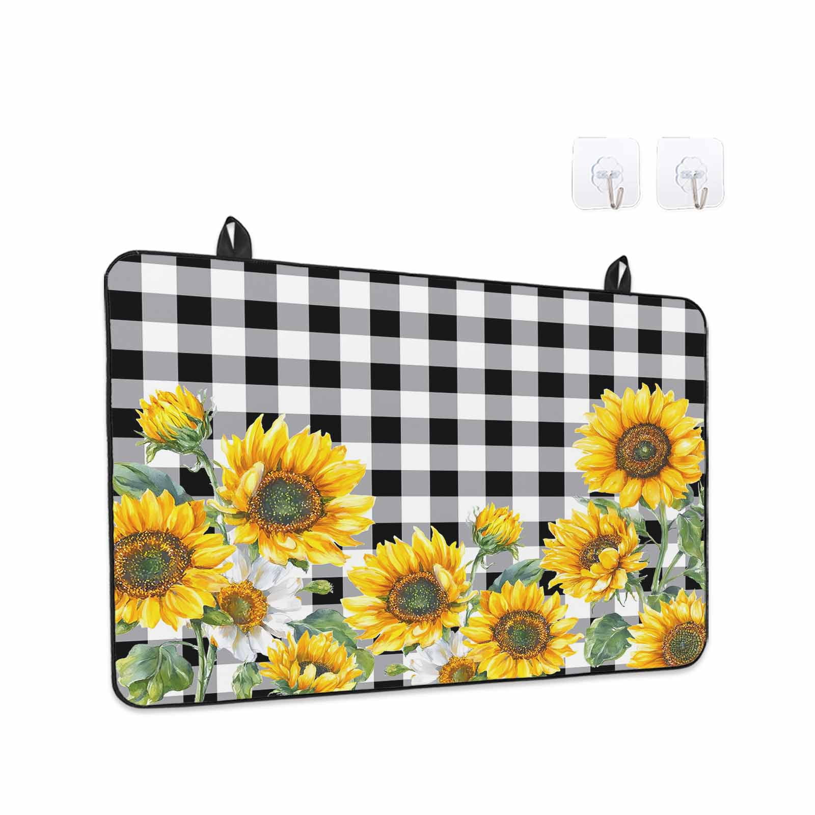 Sunflower Stove Top Cover for Electric Stove, Heat-proof & Non Slip Glass Top Stove Cover Protector, Black White Check Country Yellow Floral Kitchen Flat Cooktop Rubber Mat 24x21 Inches