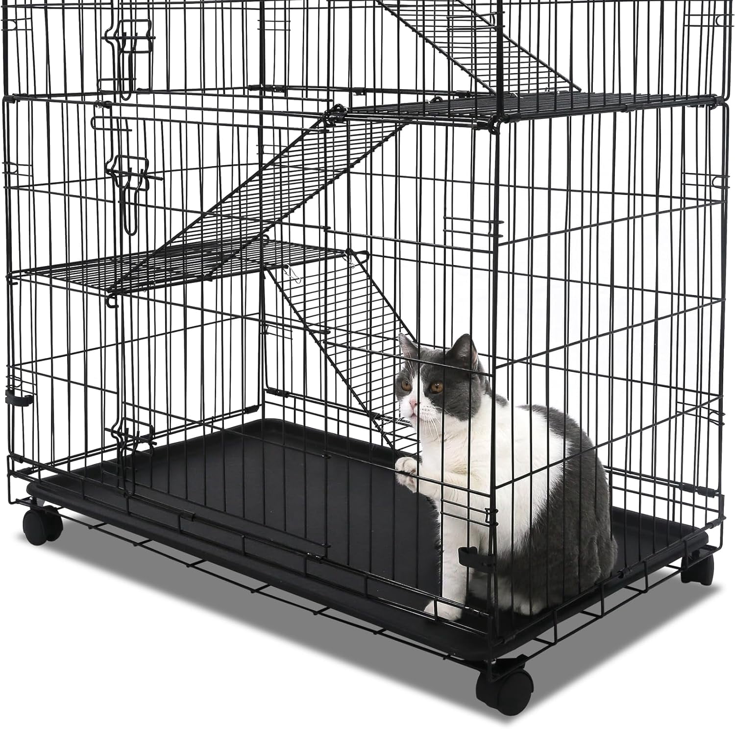 Homey Pet 51 Inch Cat Cages Indoor, Large 4-Tier Cat Crates for Indoor Cats, Collapsible Metal Wire Cat Enclosures Big Kennel for Adult Cats Kitten  with Hammock, Ladders, 360° Wheels
