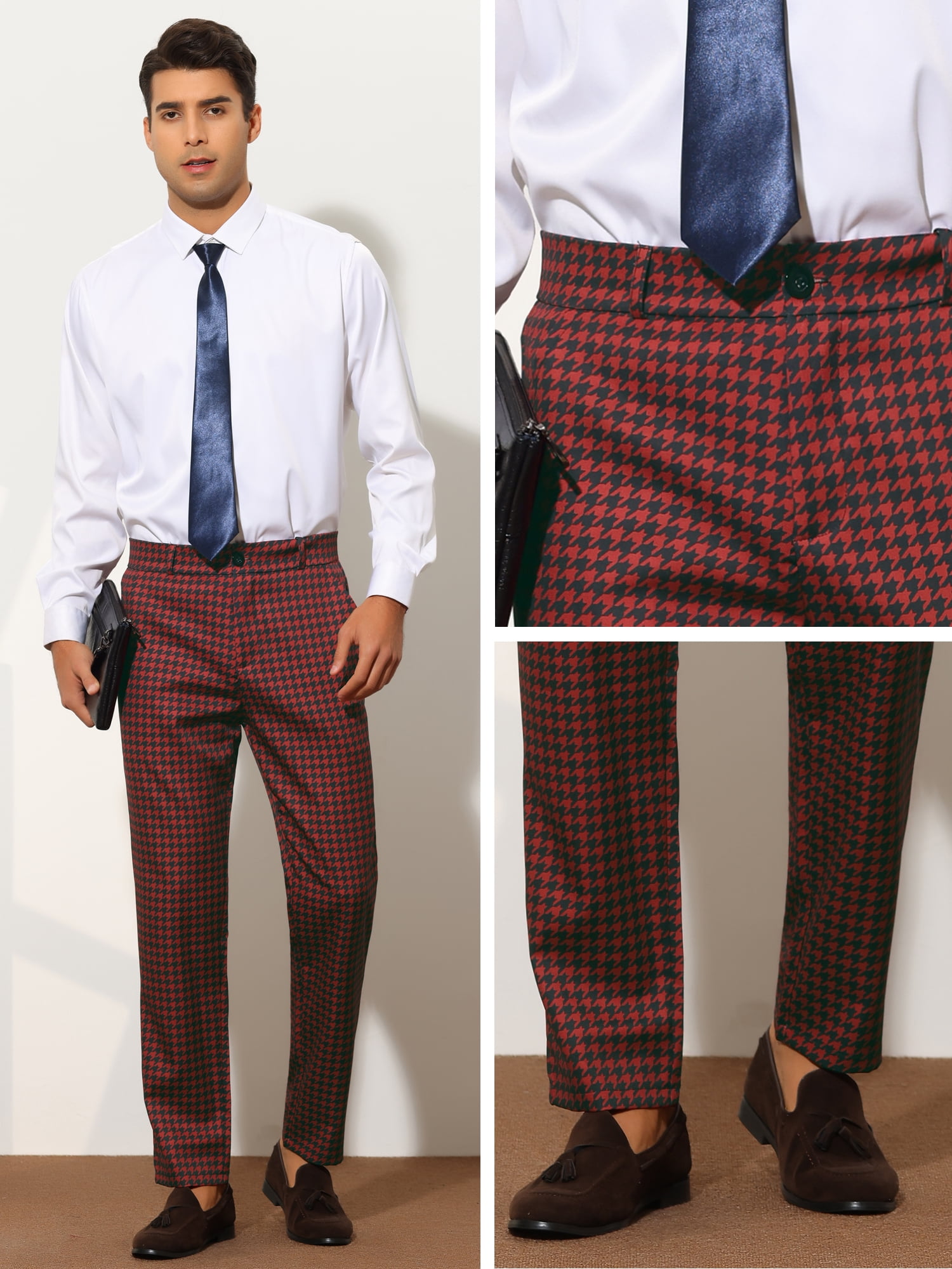 Unique Bargains Men's Houndstooth Pattern Pants Slim Fit Business Plaid Dress Trousers 32 Red Black