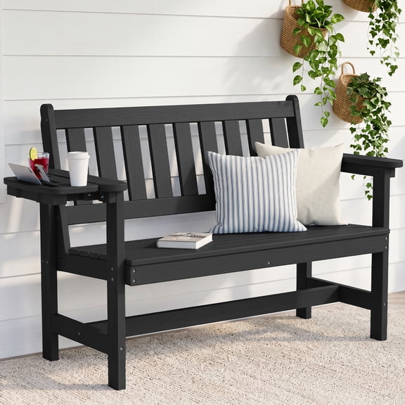 KINGYES HDPE Outdoor Bench with Integrated Side Tray, 2-Person All-Weather Patio Bench with 660 lbs Capacity, Porch Bench for Backyard, Garden & Park, Black