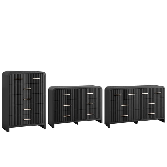 Hujauu Modern 3 Piece Bedroom Furniture Set, 8 Drawer Wood Dresser, 6 Drawer Wide Chest of Drawers & 6 Drawers Tall Dresser with Fluted Panels, Gold Handle, Black