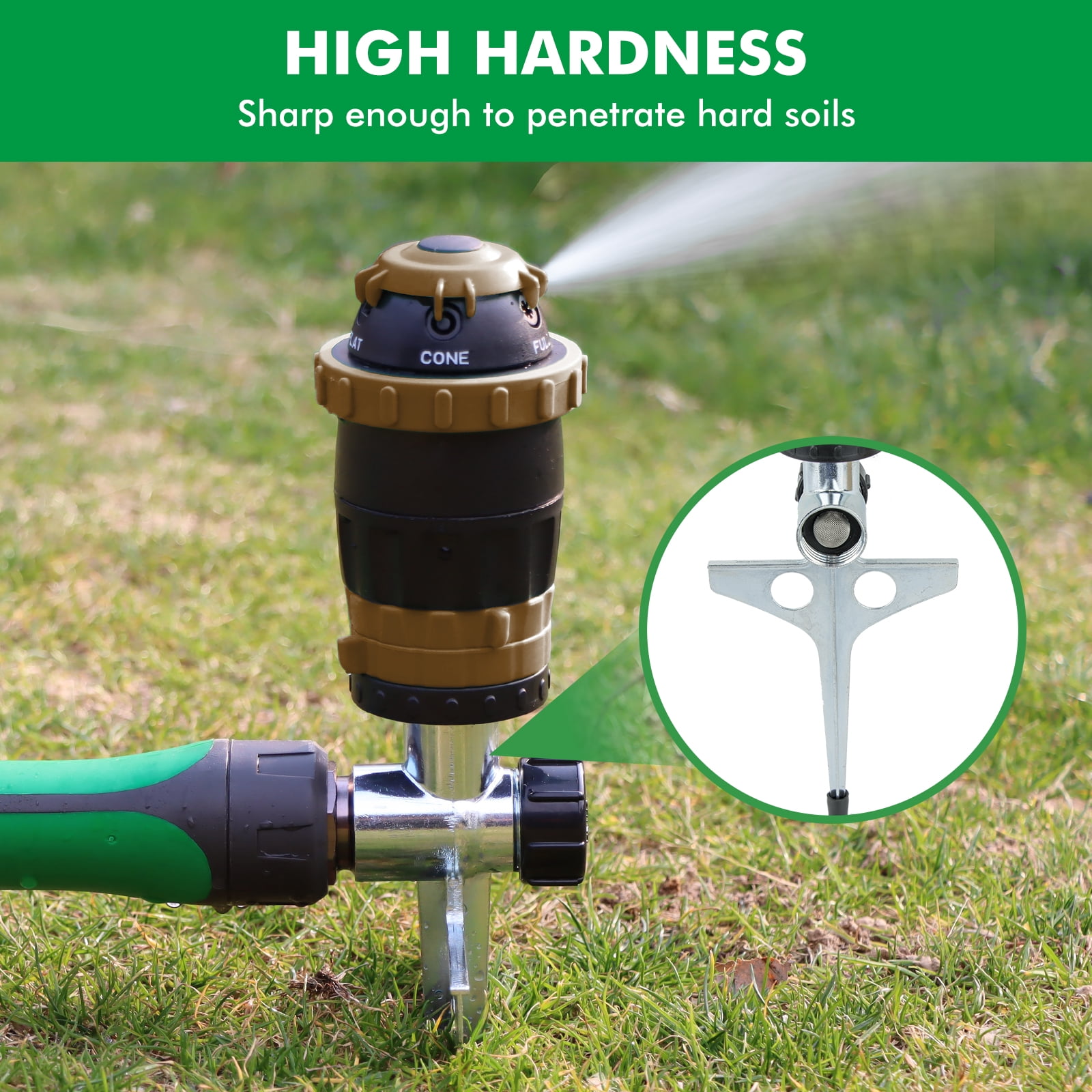 [2 Pack] Restmo Gear Drive Sprinkler with Metal Spike Base, 5-Pattern Heavy Duty Gardening Watering System, Multi-Adjustable Lawn Sprinkle for Garden Plant, Flower Bed and Large Yard Area, Brown