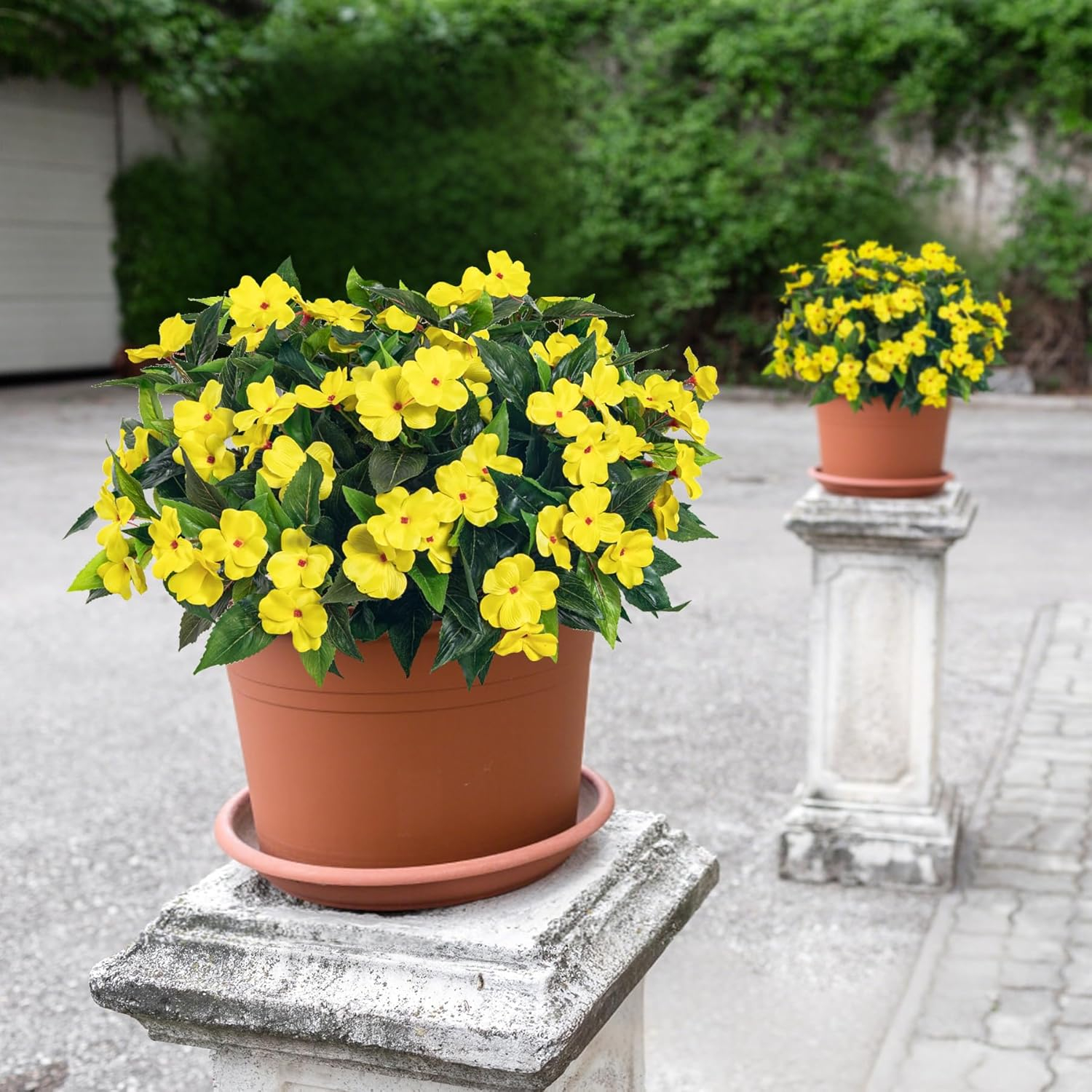 Artificial Impatiens Flowers 4 Pcs 7 Branches Faux Impatiens Bushes Silk Impatiens Bouquet Faux Flower Outdoor UV Resistant Fake Plants for Patio Lawn Garden Pot Hanging Basket Porch Decor,Yellow