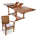 thumbnail image 1 of All Things Cedar 7-Piece Twin Butterfly Leaf Teak Extension Table Stacking Chair Set with Royal White Cushions, 1 of 1