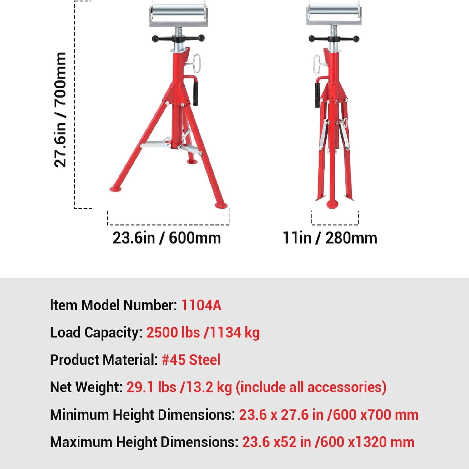 Heavy-Duty Pipe Stand,Adjustable Folding Pipe Jack Stand,Sturdy Construction 2500 Lbs Load Capacity |for Welding, Automotive, and Construction Projects