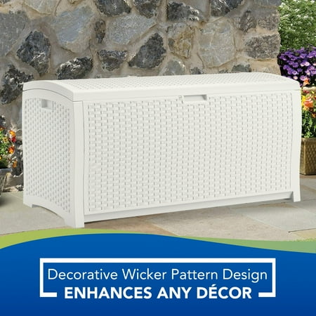 Suncast - 99 Gallon Heavy Duty Resin Wicker Horizontal Outdoor Deck Box - White