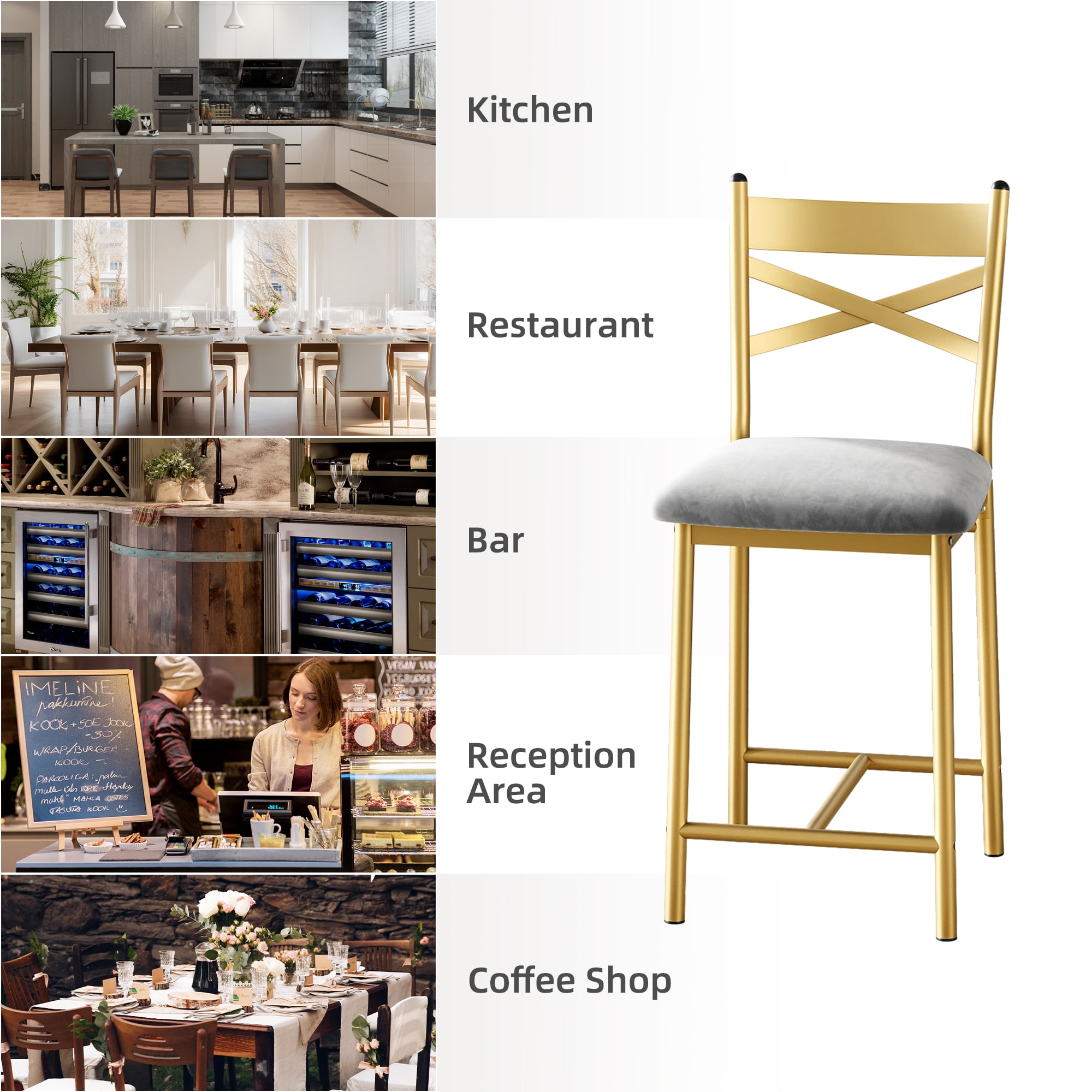 Modern Bar Stool Set of 2, Upholstered Counter Height Bar Chairs with X-Back, Soft PU Leather, Heavy Duty Metal Frame for Kitchen Island Restaurant