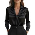 thumbnail image 1 of Womens Satin Silk Shirts Long Sleeve V Neck Lace-Up Blouse Casual Loose Dressy Business Work Office Tunic Tops apricot XXL, 1 of 4