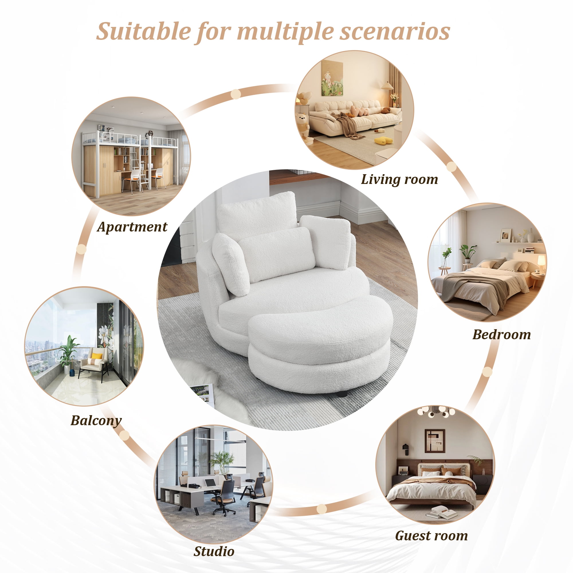 Dinosisco 39"W Oversized Swivel Accent Barrel Chair with Storage Ottoman, Ivory Teddy