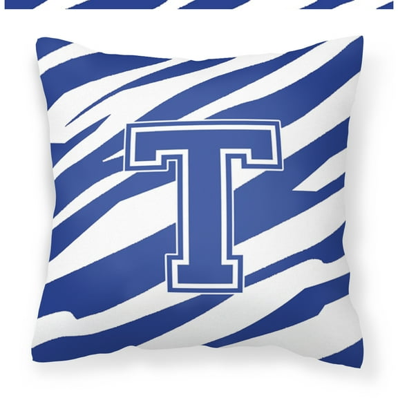Letter T Initial Tiger Stripe Blue and White Fabric Decorative Pillow