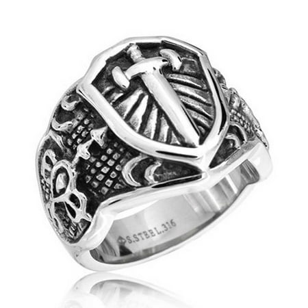 Viking Logo Ring - Mens Religious Viking Shield Maltase Fleur De Lis Cross Signet Band Ring For Men Oxidized Silver Tone Stainless Steel