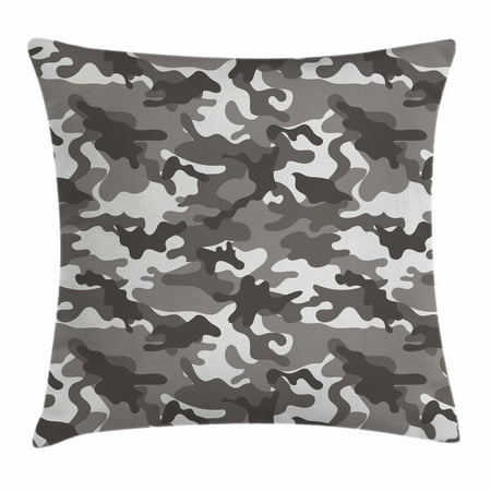 Camouflage Throw Pillow Cushion Cover, Monochrome Army Attire Pattern Camouflage inside Vegetation Military Equipment, Decorative Square Accent Pillow Case, 20 X 20 Inches, Grey Coconut, by