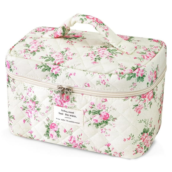 Bolsa de maquillaje Givurao, grande, de viaje, acolchada, floral, algodón, rosa