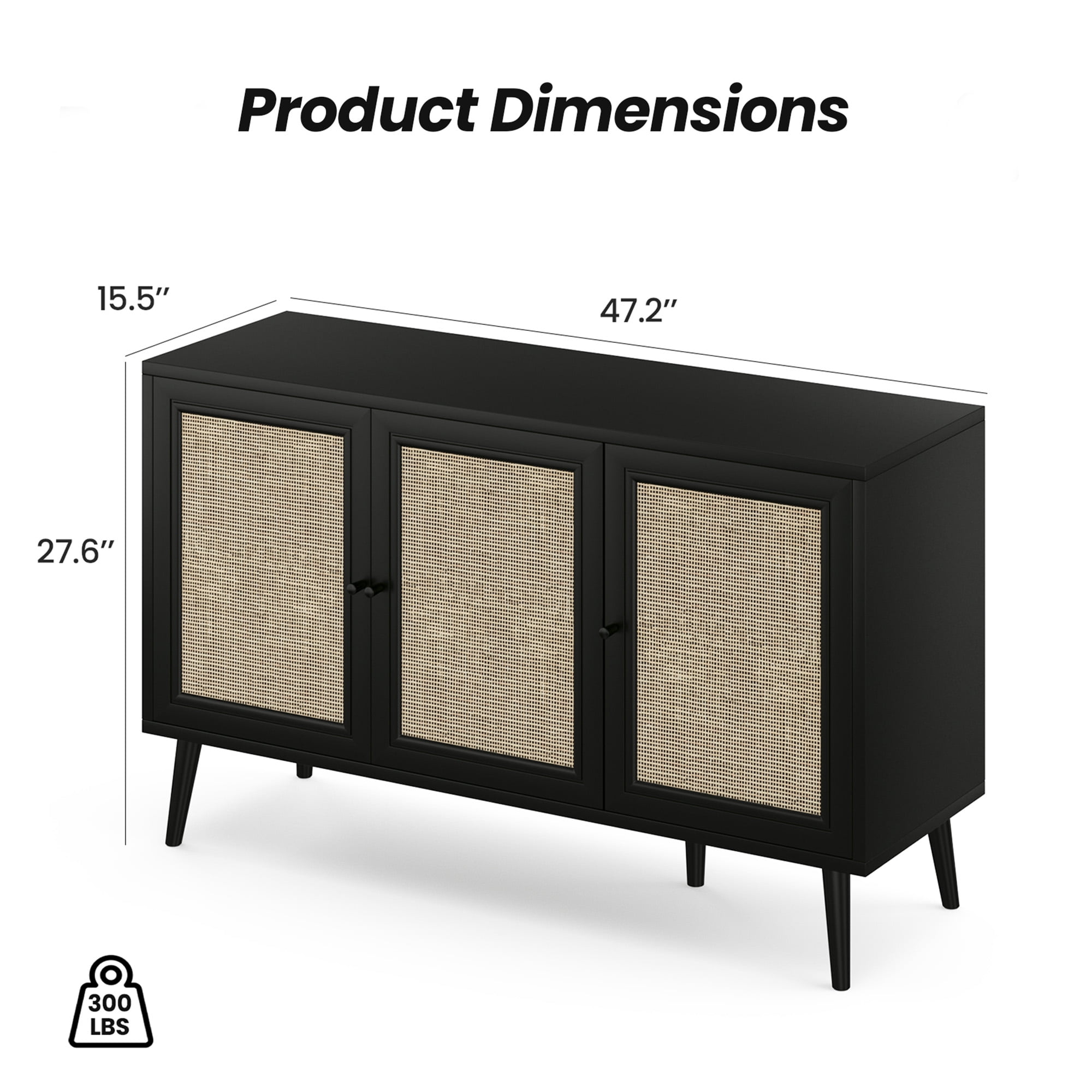 MAYEERTY Black 47*15*28"Rattan-Fronted Sideboard Cabinet with 3 Doors for Dining Room & Entryway Storage