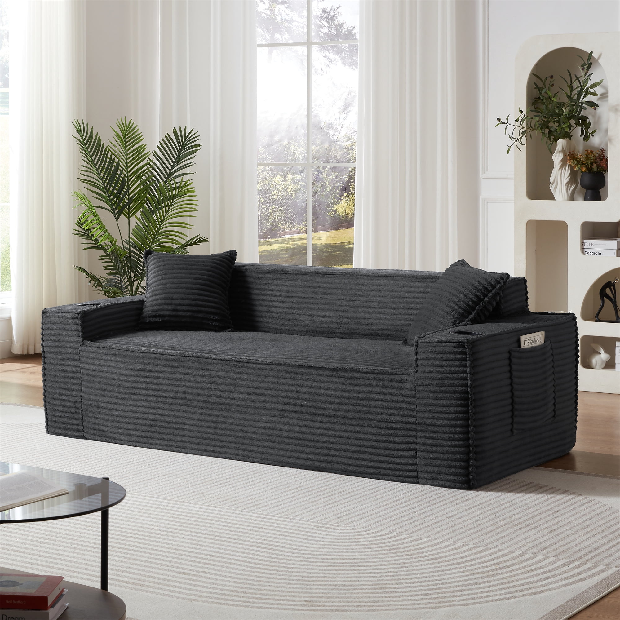 Aukfa 3 Piece Sofa Set - 81" 3 Seat Boneless Couch with 2 Cup Holders&Side Pockets for Living Room, Gray