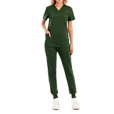 

Sksloeg Scrub Set Women Design Set 4 Pocket 4-Way Stretch Elements V-Neck Short Sleeve Workwear Dark Green XXL