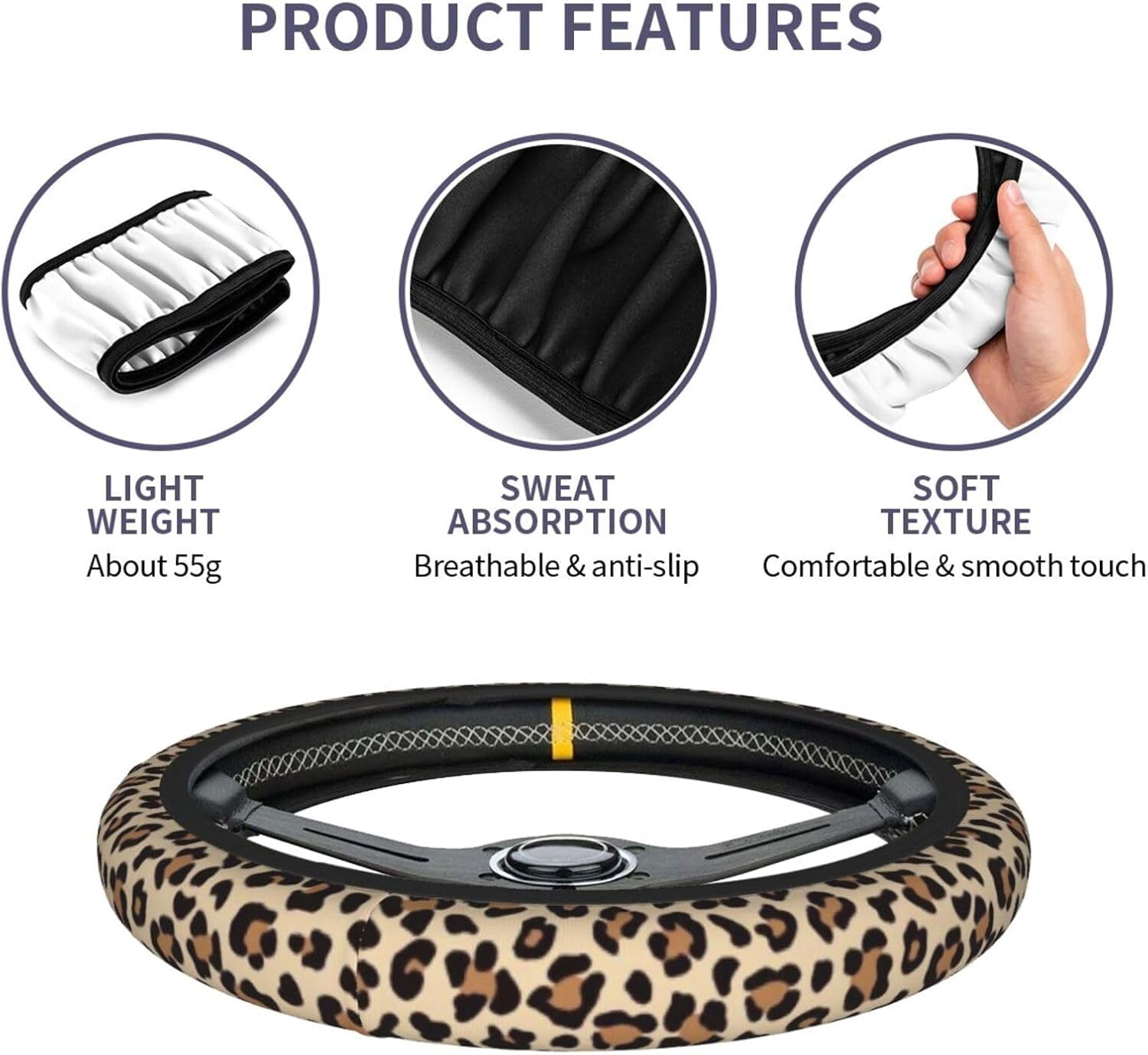 Leopard Cheetah Print Steering Wheel Cover - Universal 14-15 Inch Anti-Slip Breathable with 2pc Animal Print Matching Coasters Set for Men Women