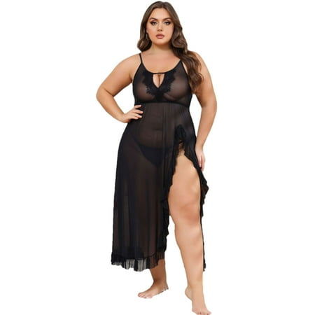 Tao Tao Women Underwear Lace Babydoll Chemise Mesh Nightdress V Neck Nightwear Side Split Nightgown Black 4XL