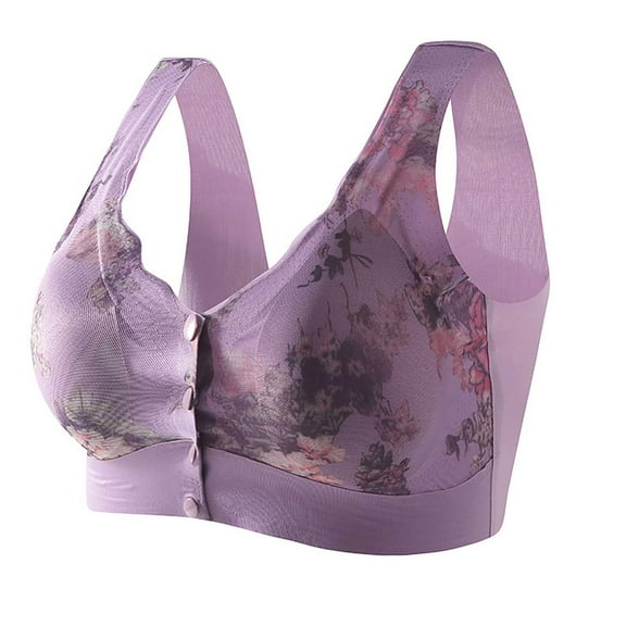 KHONTS Daisy Bras for Older Women Wireless Seamless Bra Front Closure Convenient Snap Sleep Bralettes for Everyday Purple XL