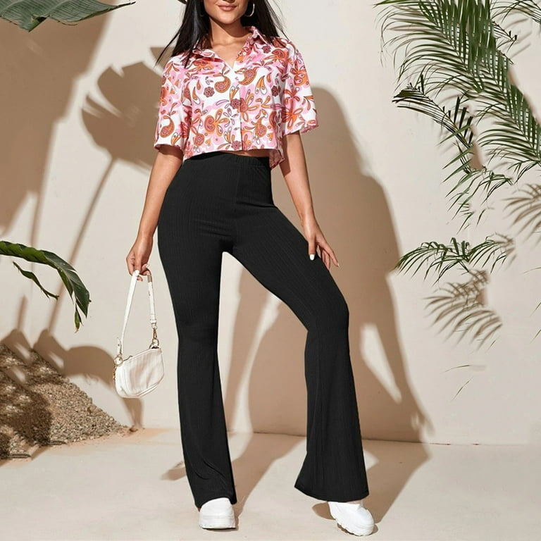 Plus Basic Ribbed High Waisted Flare Trousers