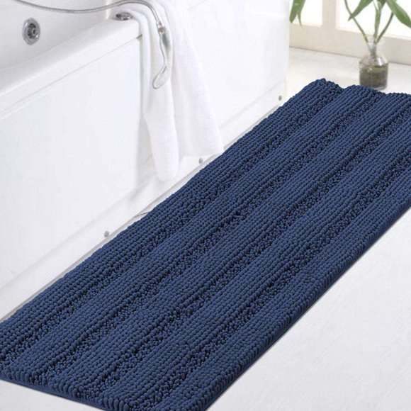 Plush Chenille Bathroom Runner 47"x 17" Blue Non Slip Shower Mat, Extra Soft and Absorbent Thick Shaggy Shaggy Rug for Tub, Navy