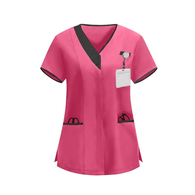 Blusas médicas para mujer, modernas, con bloques de color, de manga corta, informales, con cuello en V y botones, con bolsillos