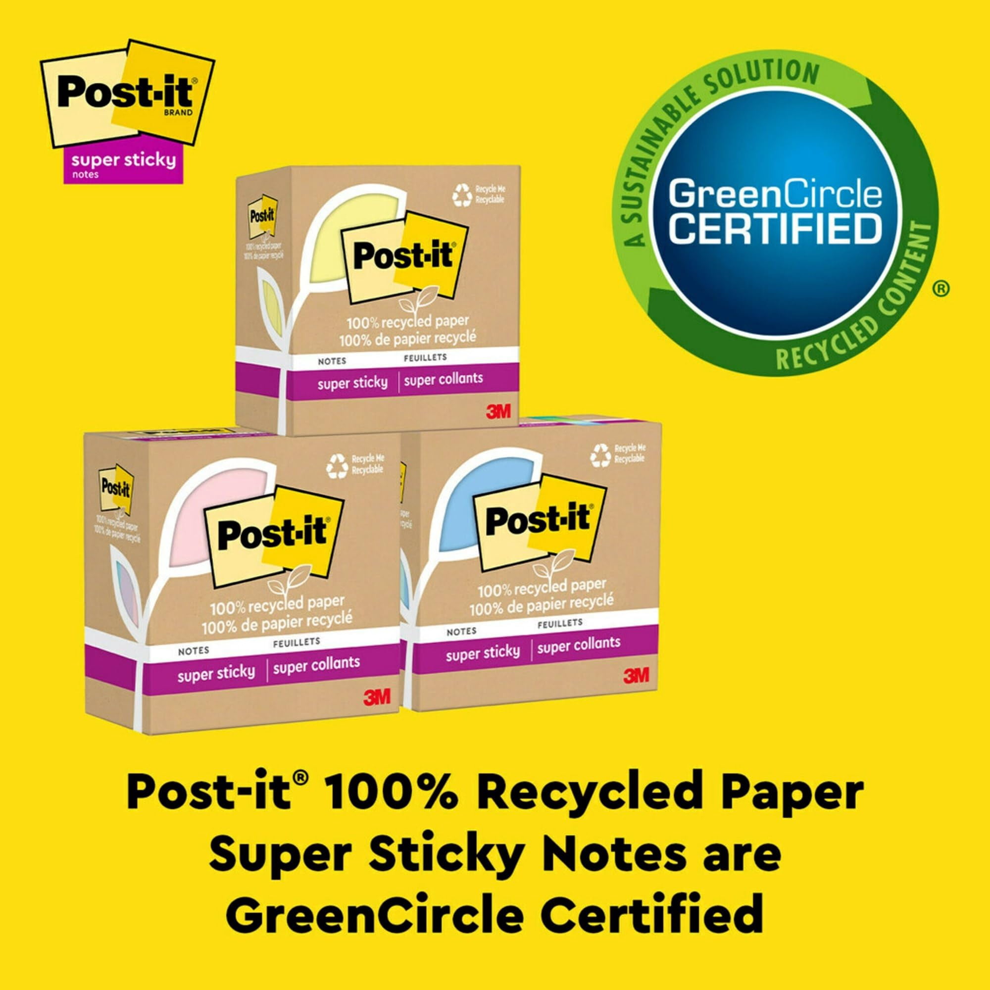 Post-it Super Sticky Recycled Notes, 3 in x 3 in, 24 Pads, 70 Sheets/Pad, 2x the Sticking Power, Canary Yellow, 100% Rec