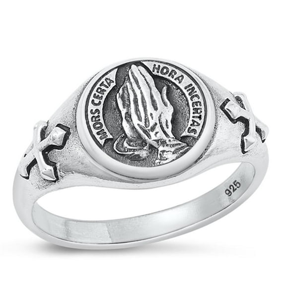 Prayer Hands Mors Certa Hora Incertas Ring .925 Sterling Silver Band Jewelry Female Male Size 8
