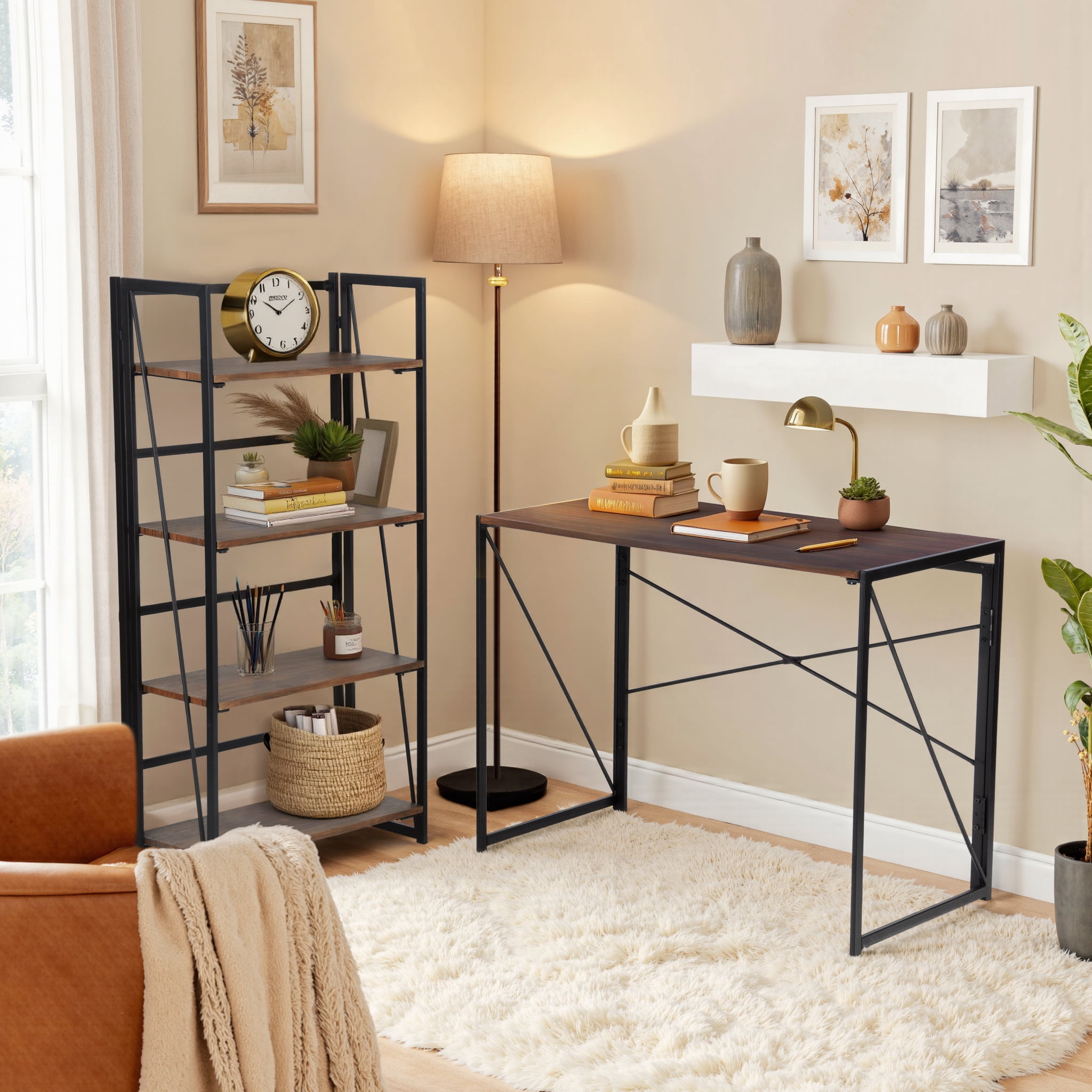 Homy Casa 39.4" Folding Table, Dark Walnut Wood Tabletop with Black Metal Frame for Small Spaces