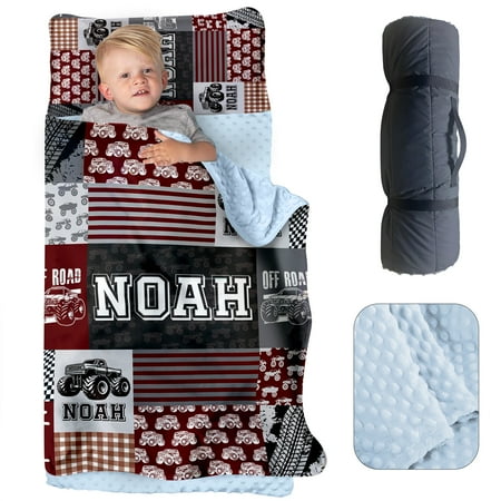 AOLOA Personalized Name Nap Mat for Toddlers Custom Sleeping Bag with Pillow Case & Blanket for Kids Boys Burgundy Off-road Vehicle Design Slumber Bags for Daycare Preschool Kindergarten