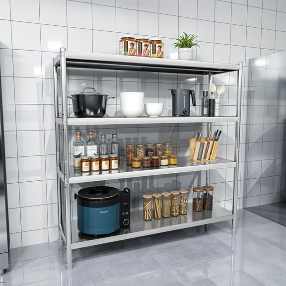 ModFusion 60"x60" Nsf Certified Stainless Steel Shelving Unit, 4-Tier Adjustable Storage Rack, Heavy-Duty Shelves for Commercial Kitchens, Utility Rack, Display Shelf
