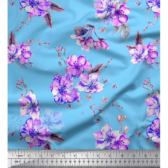 Soimoi Blue Georgette Viscose Fabric Leaves & Flower Print Sewing Fabric Yard 42 Inch Wide