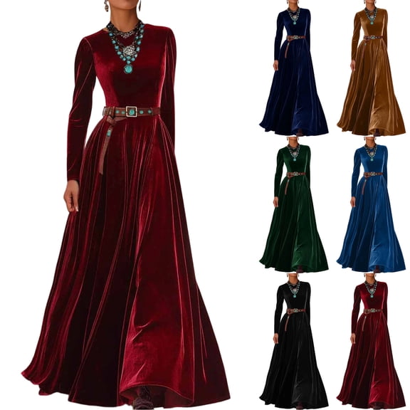 Women's Velvet Dress Long Sleeve Round Neck Solid Color Gold Velvet Maxi Dress for Fall Winter Casual,Black,L