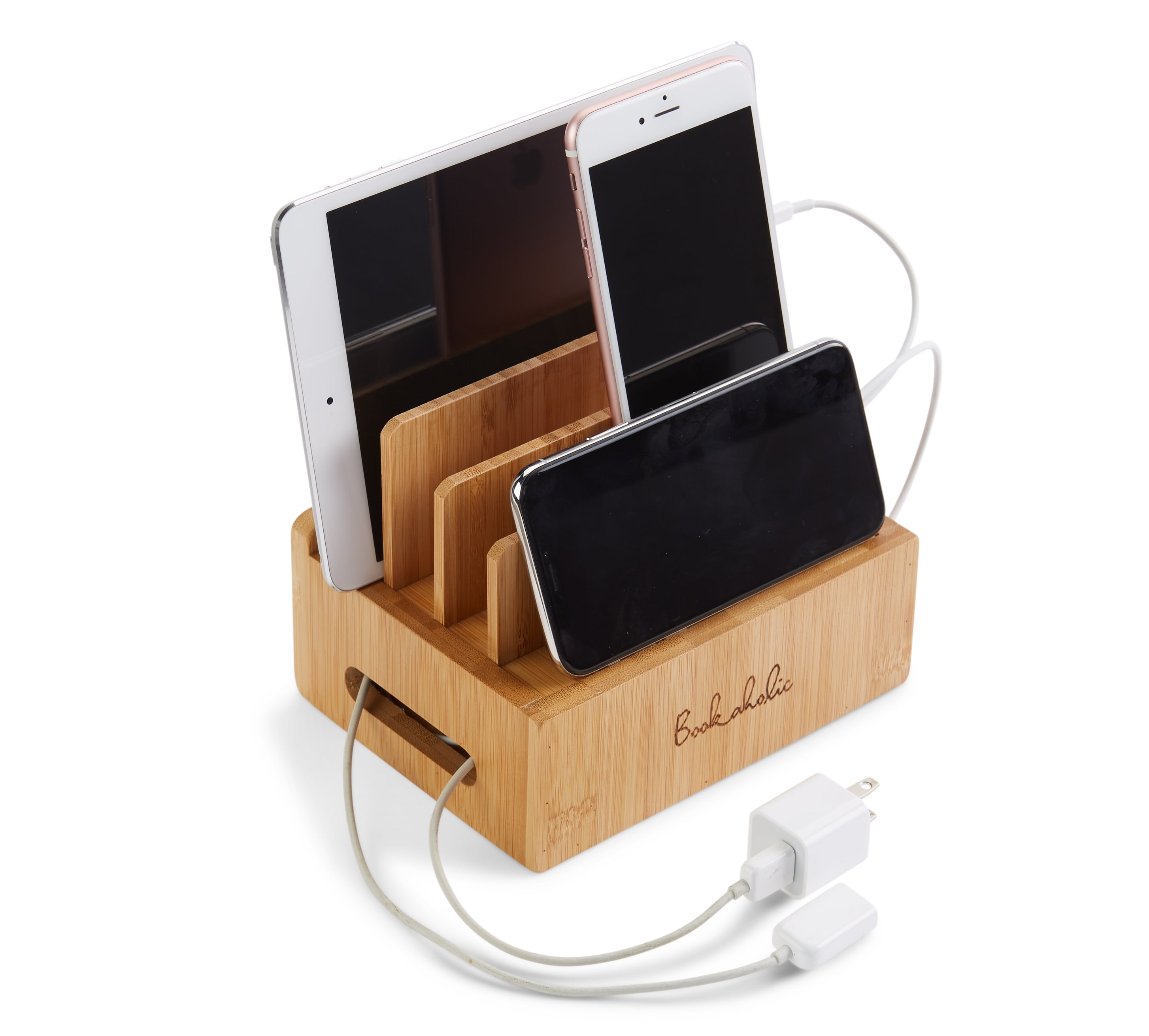 charging station & multi device organizer bamboo large capacity desktop  cord organizer dock compatible with smartphones iphone ipad and 