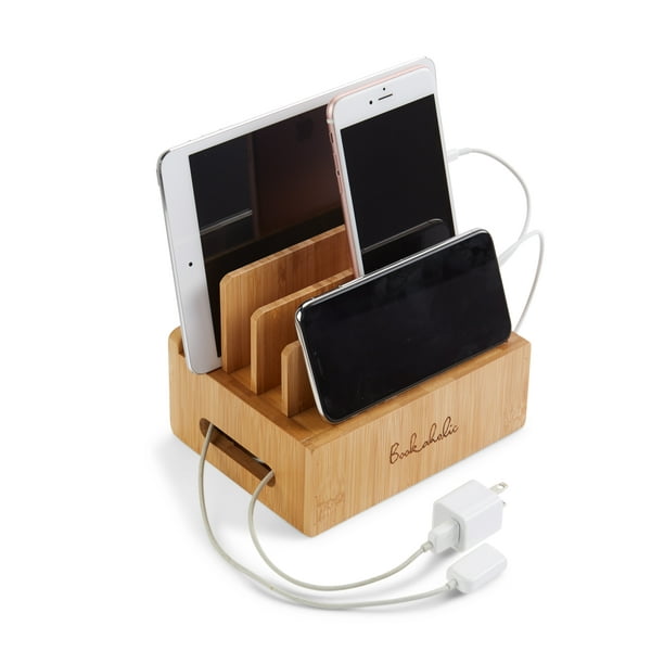 charging station & multi device organizer bamboo large capacity desktop
