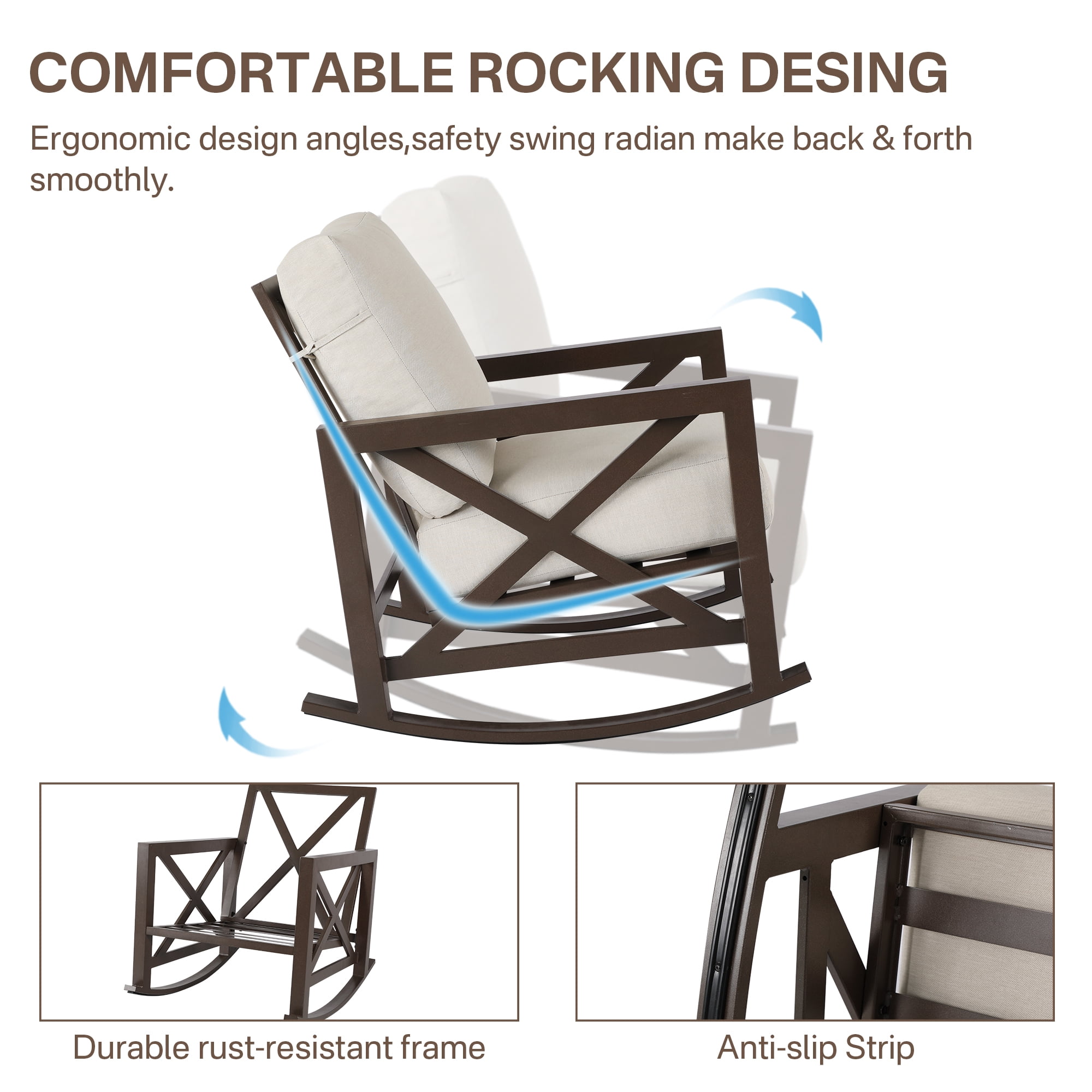 Natural Expressions 3 Piece Patio Rocking Bistro Set, Outdoor Conversation Chairs Set with 2 Metal Rockers with Thick Cushions and Coffee Table