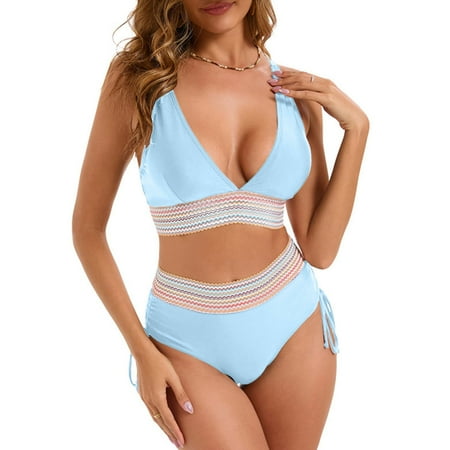 YUTK Swimsuits for Women - Women s Bikini High Waisted Split Color Suit with Drawstring Gathered Abdominal Swimsuit Light Blue Xxl