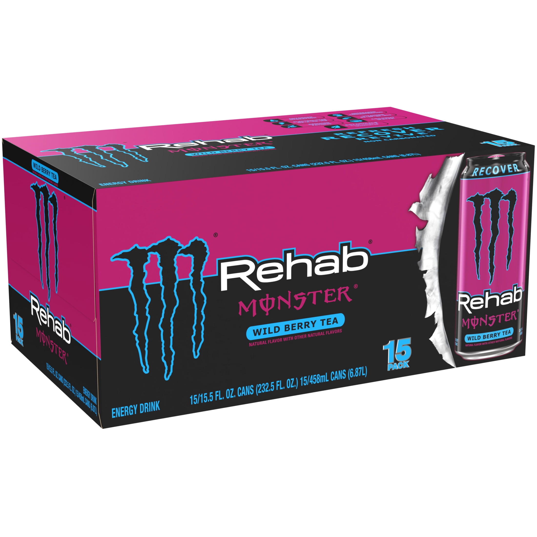 Monster Rehab Wild Berry Tea Energy Drink, Zero Sugar, 15-Pack, 16 Oz Cans
