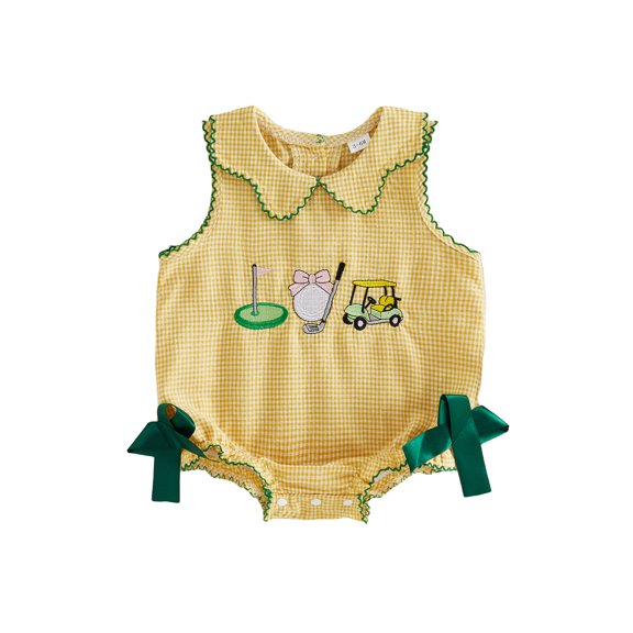 BemeyourBBs Newborn Baby Girl Summer Clothes Infant Baby Girls Golf Outfit Plaid Bubble Romper Golf Embroidery Peter Pan Doll Collar Sleeveless Bodysuits Playsuit Jumpsuits