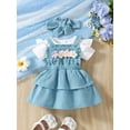 thumbnail image 5 of Aojekbee Baby Girls Summer Outfit Short Sleeves Rompers and Crochet Flowers Suspender Skirt Headband 3 Piece Clothes Set, 5 of 10