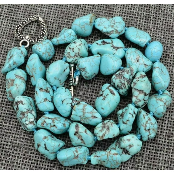 K-KED Natural 10-12mm Blue Turquoise Gemstone Chunk beads Necklace Tibetan Silver 18"